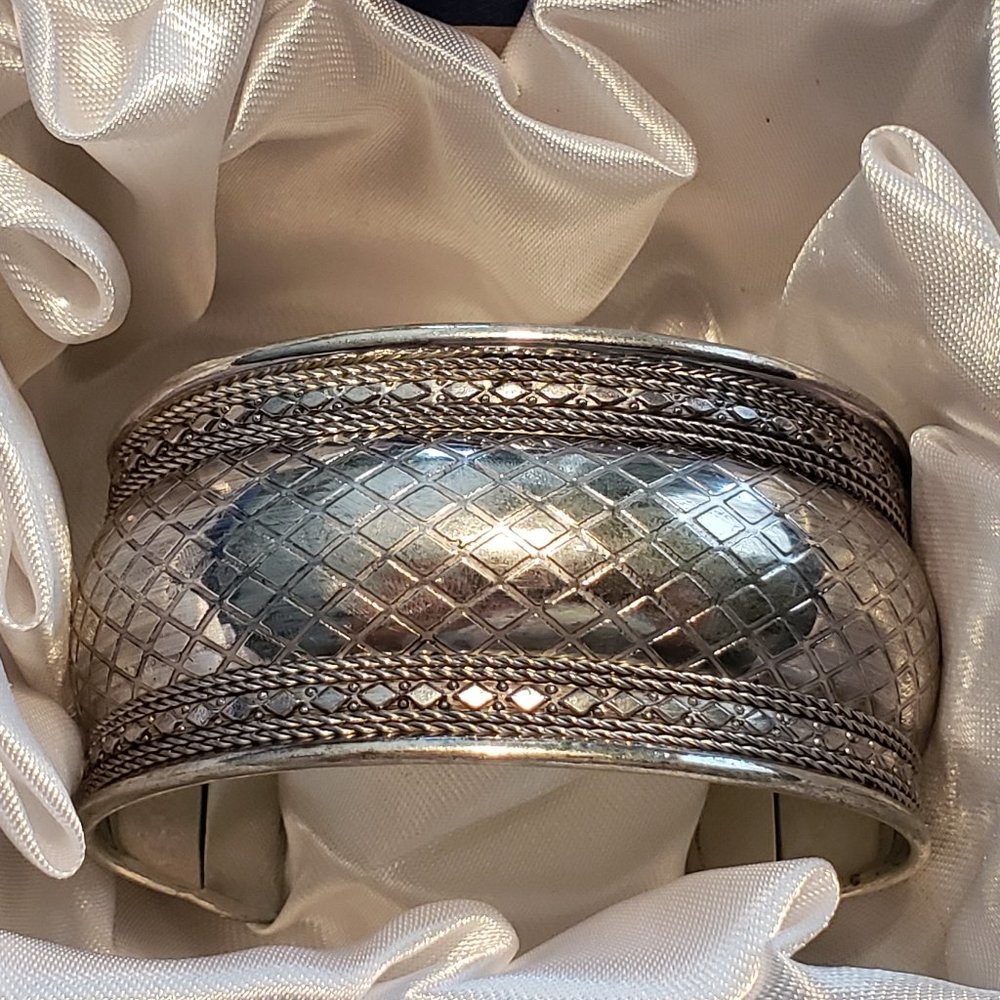 Silvertone checkered cuff bracelet